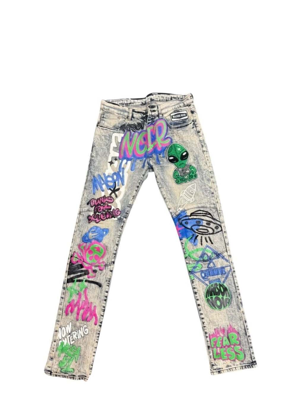 Maison Noir Acid Wash Graffiti UFO Alien Skinny Jeans